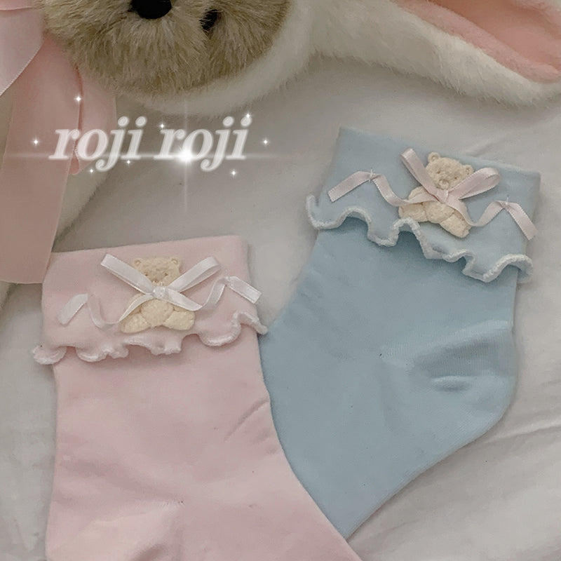 Roji Roji~Lolita Bow Lace Sweet Short Socks free size pink 
