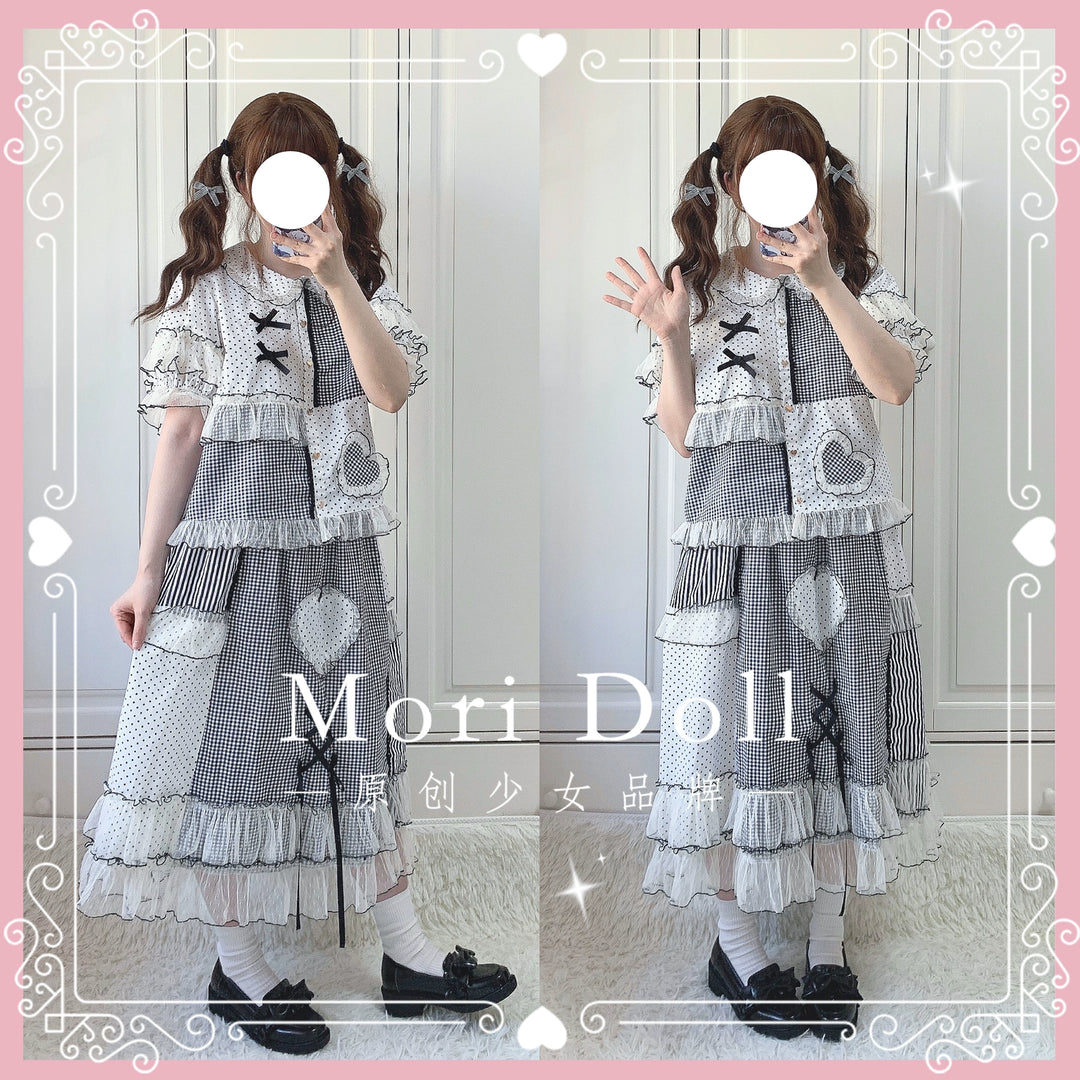 Mori Doll~Peach Tea~Sweet Lolita Dot and Stripe Print Short Sleeve Blouse