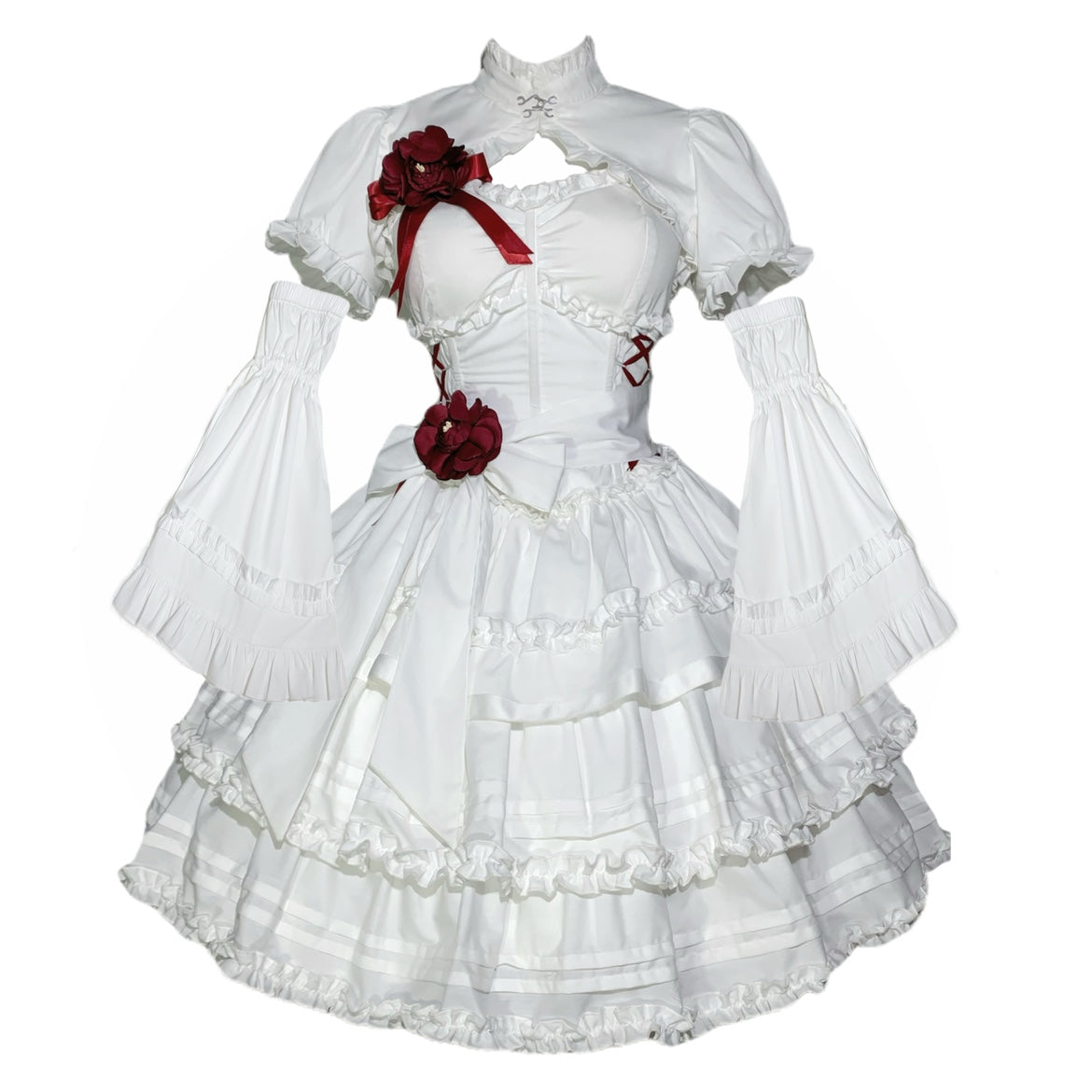 Mengfuzi~LiLith~White Gothic Lolita Dress With Optional Bolero and Sleeves XS White jsk + small bolero + drawstring sleeves 
