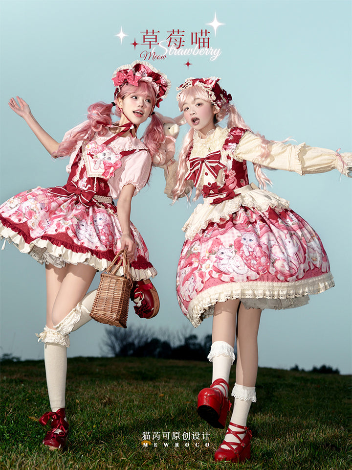 Mewroco~Strawberry Cat~Sweet Lolita Dress Suit JSK and Salopette with Cat Prints