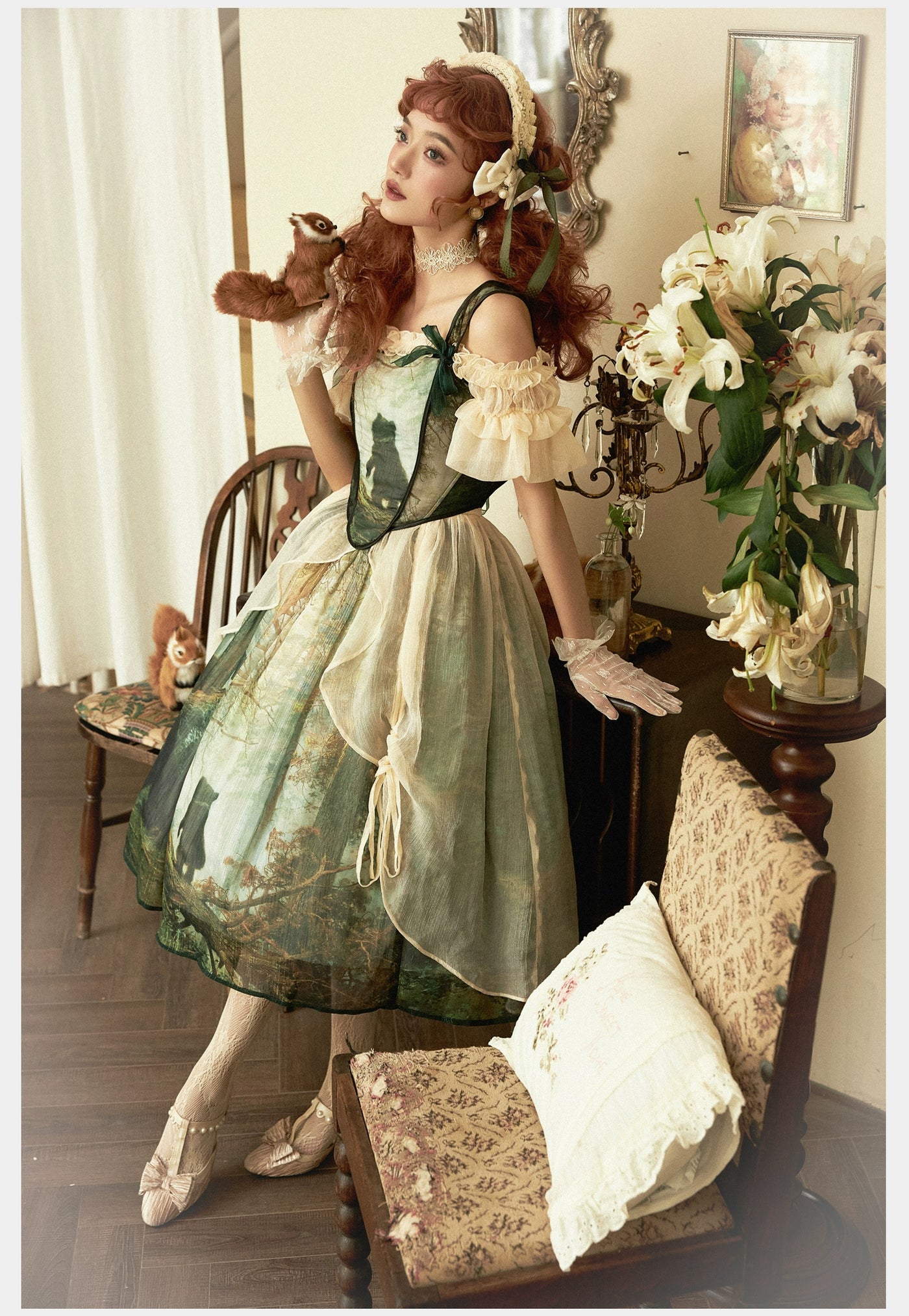 Cyan Lolita~Morning of Pine Forest~Elegant Lolita Bear Print Skirt   