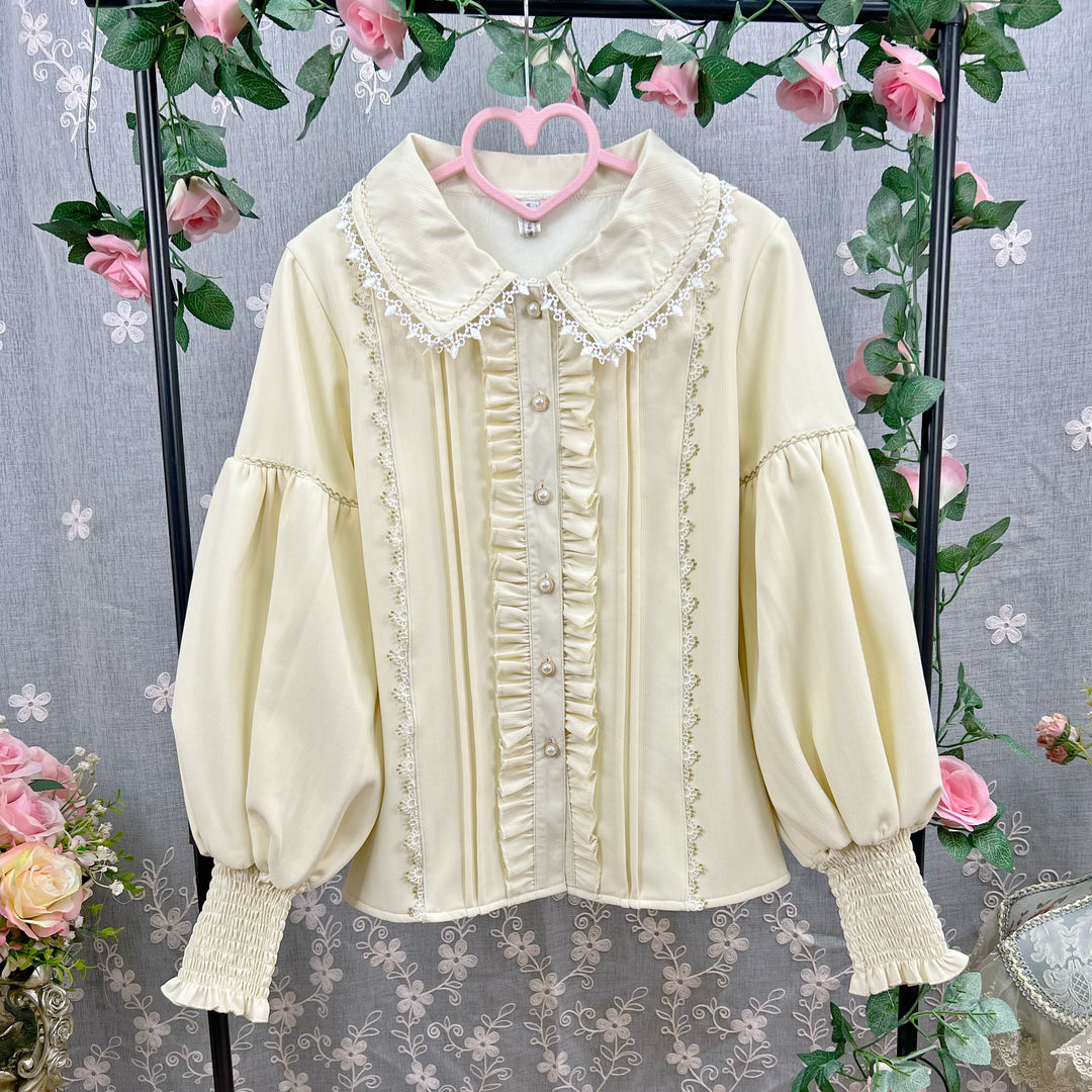 DMFS Lolita~Classic Lolita Blouse Mutton Sleeves Lolita Shirt Apricot with velvet S