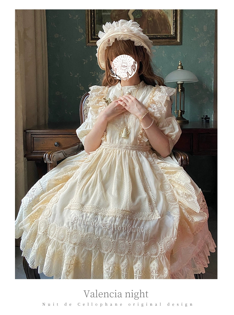 Nuit De Cellophane~Elegant Lolita Lace Beige Apron Dress   