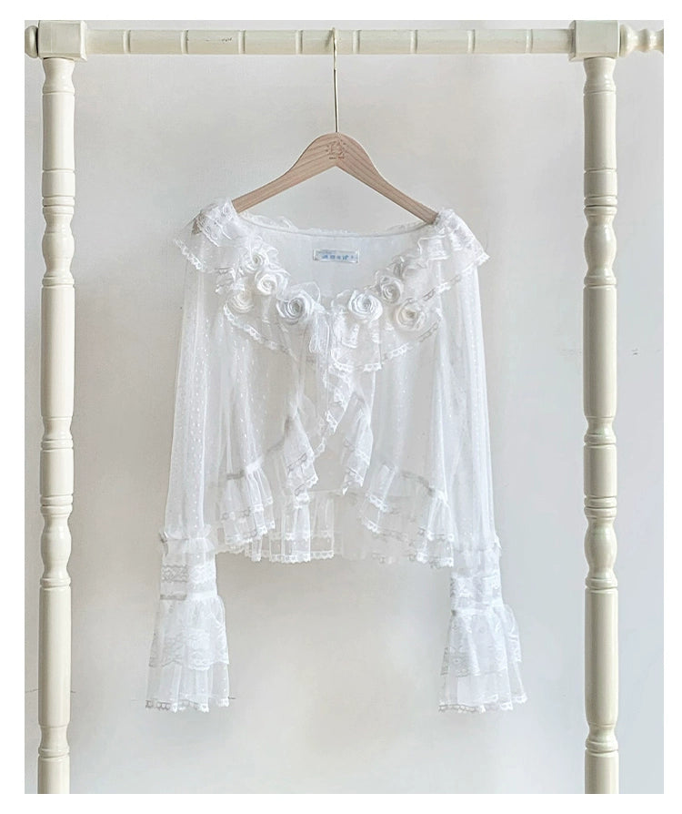 With PUJI~Flower Visage~Summer Lolita Sheer Cardigan with Rose Brooch White - Cardigan Only S