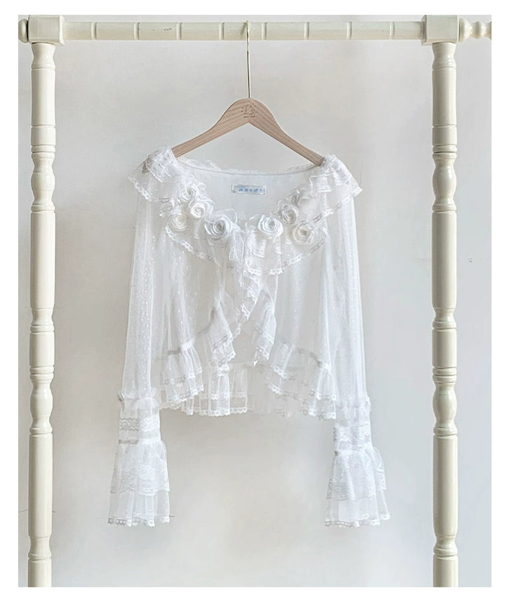 With PUJI~Flower Visage~Summer Lolita Sheer Cardigan with Rose Brooch White - Cardigan Only S
