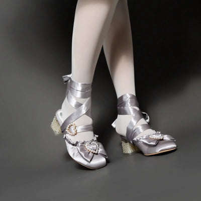 MR.Qiutian~Muller ballet~Elegant Lolita Shoes Round Toe Mid Heel Shoes Silk silver 35 