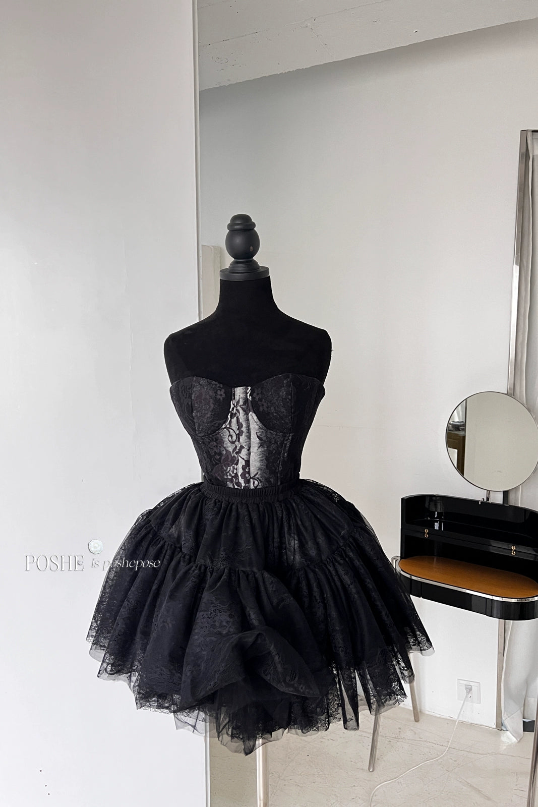 POSHEPOSE~Daily Lolita Pannier White Black Petticoat Lace Pannier Black Free size 
