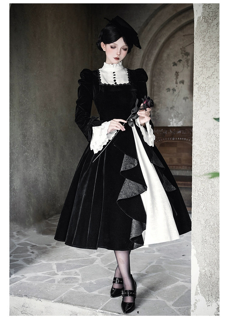 With PUJI - To the Dusk - Classic Lolita Tiered-Skirt OP, Long Irregular Hem 44319:804622