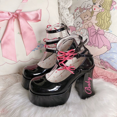 Pure Tea For Dream~Barbie Diary~Sweet Lolita Shoes Bow Platform High Heel Shoes 34 Black 