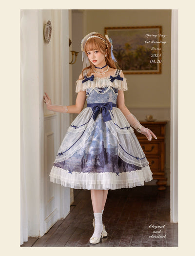 (BFM)Alice In Wonderland~Vintage Elegant Lolita JSK Dress Palace Style Summer Dress S Mist Blue 