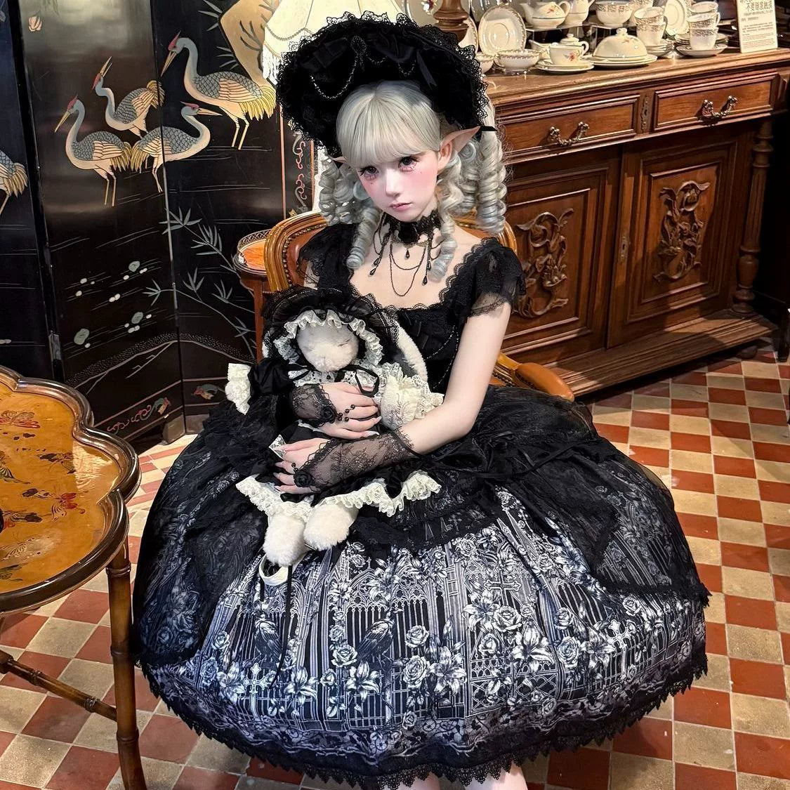 Thorn Feather Relic - Gothic Lolita JSK Dress, Crow and Rose Print 45863:866246