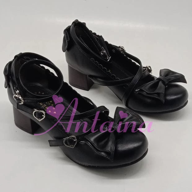 Antaina - Lolita Tea Party Heels Shoes Size 37-40 37 (no exchange and return) Black Matte [Heel Height 4.5 cm at back]