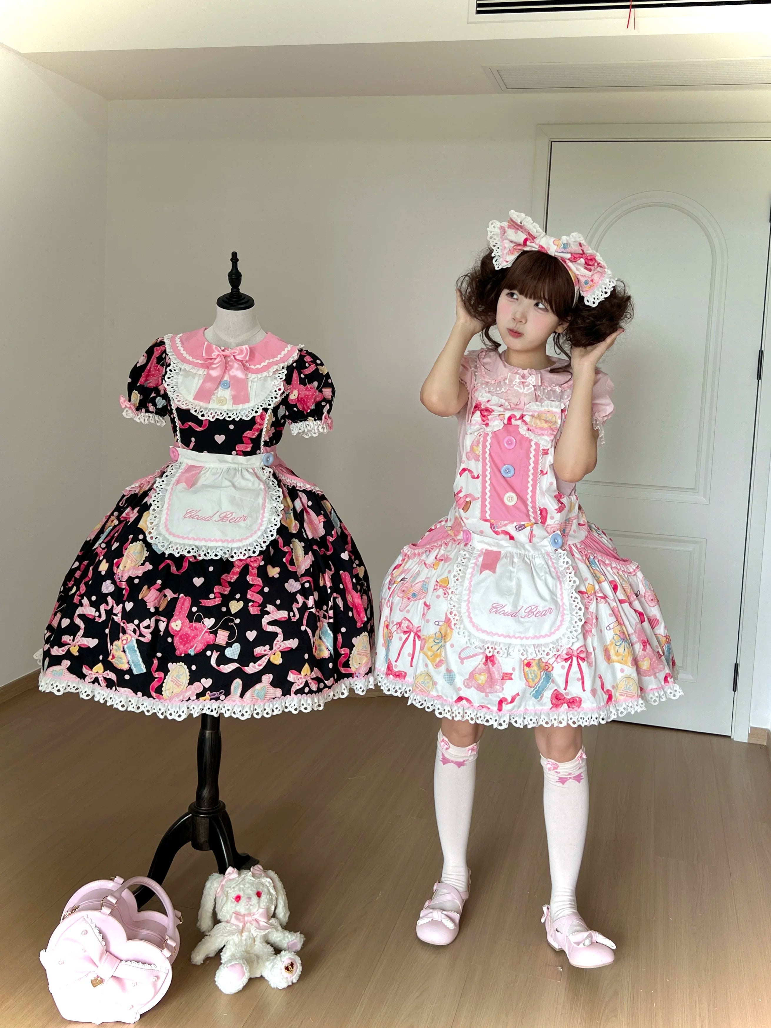 Little Bunny Tag - Sweet Lolita Bunny Printed OP & Salopette, Detachable Apron 45718:859503