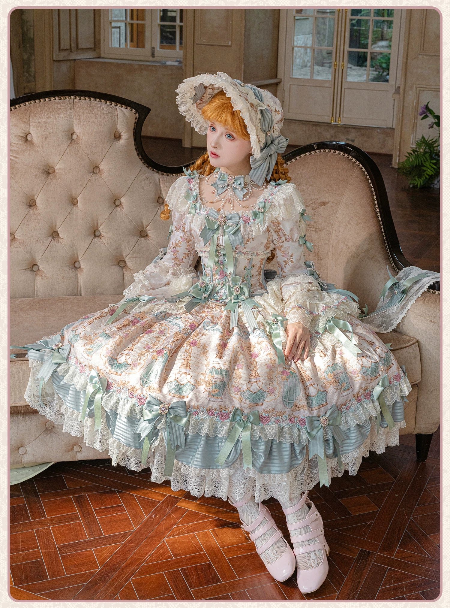 Antique Gem Fragrance - Gorgeous Classic Lolita Dress Set, Floral and Bottle Print 45483:851734