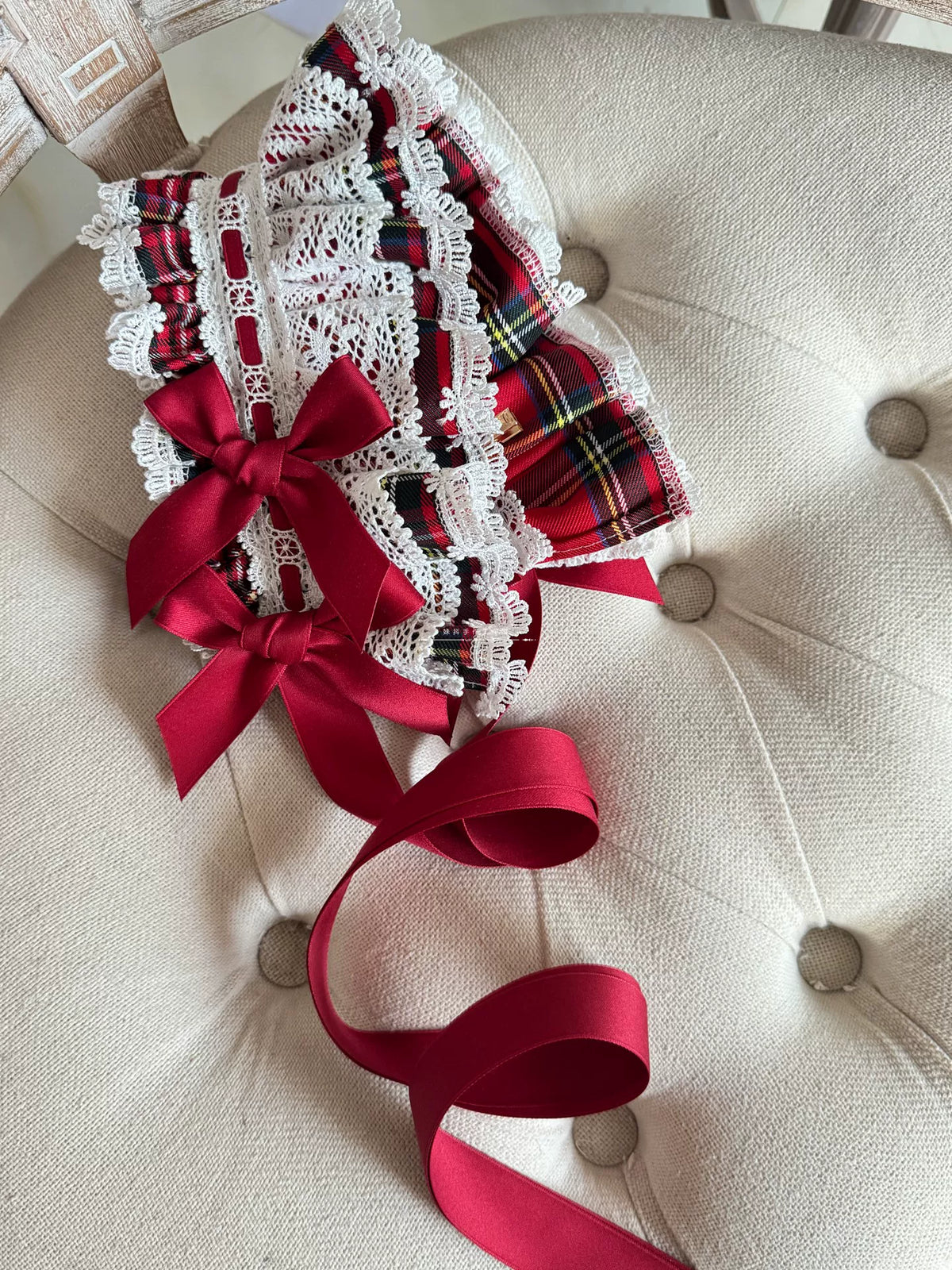 Red Plaid Lolita Headdress, Wire-edged Bunny Ear BNT