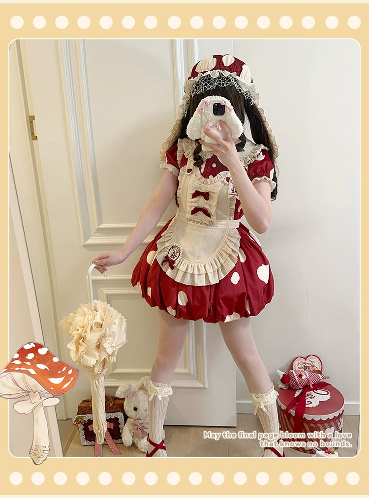 Sakurahime~Mushroom~Kawaii Lolita OP Dress with Apron and Detachable Sleeves