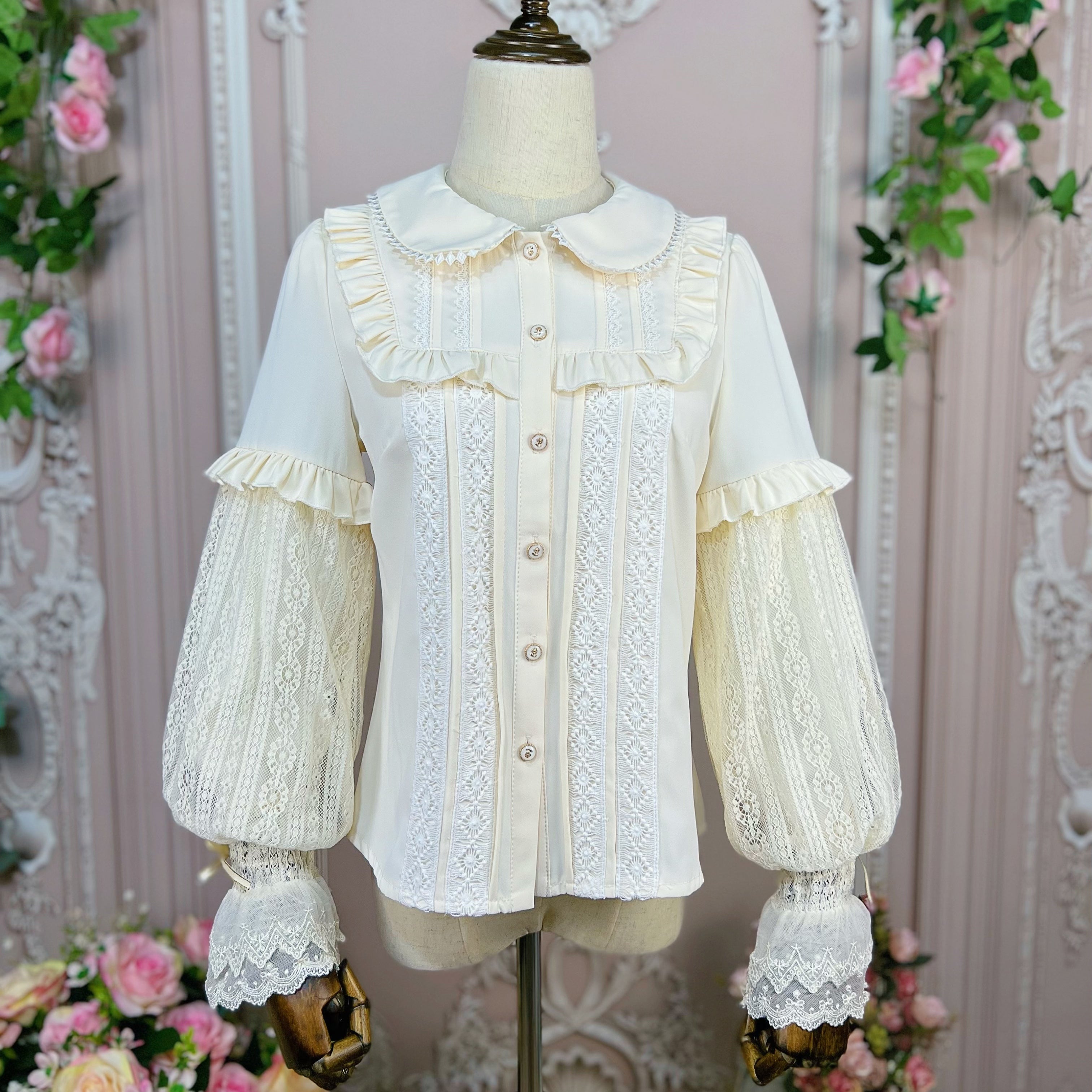 DMFS Lolita - Vintage Lolita Mutton Leg Sleeve Blouse Doll Collar Shirt S Apricot