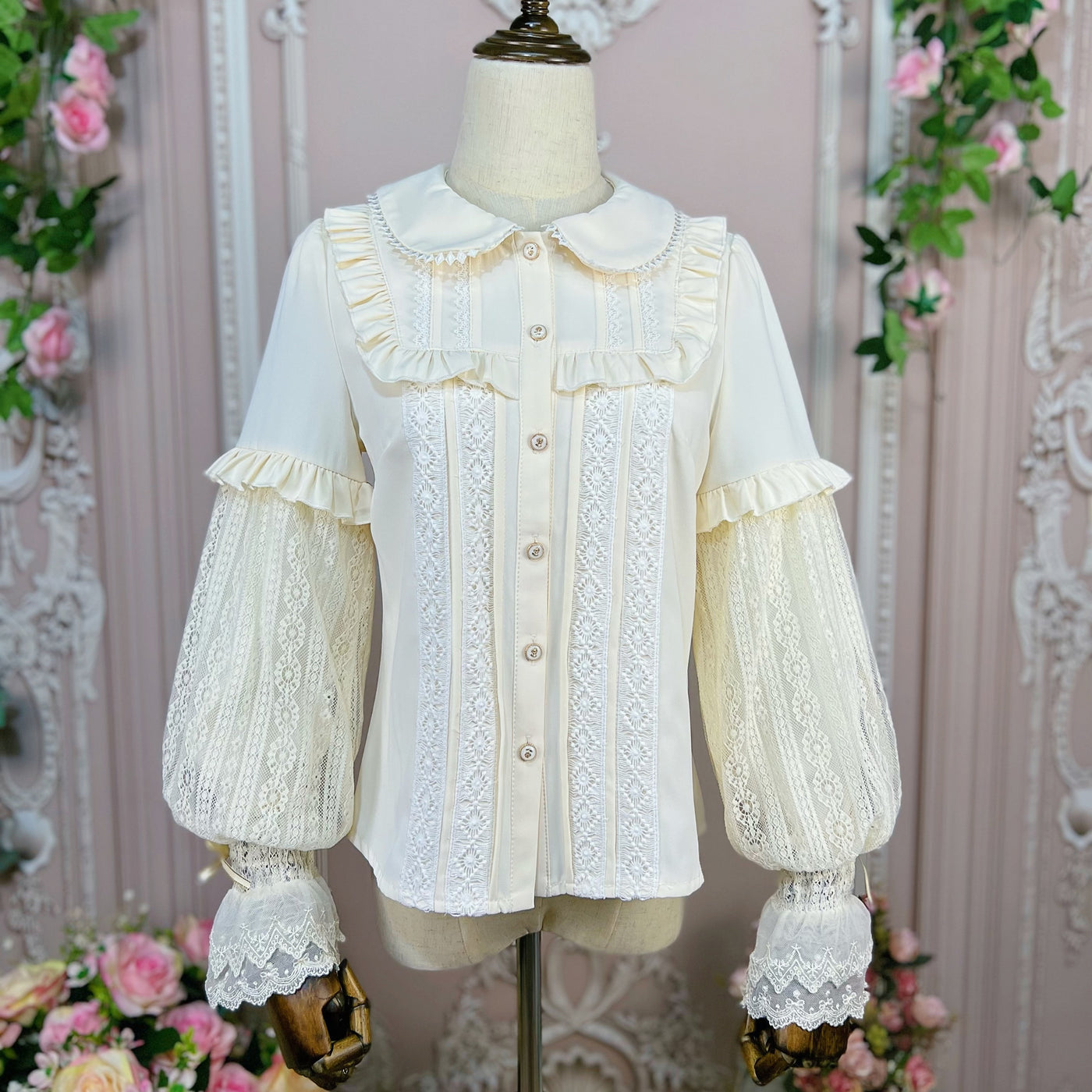 DMFS Lolita~Vintage Lolita Mutton Leg Sleeve Blouse Doll Collar Shirt S Apricot 