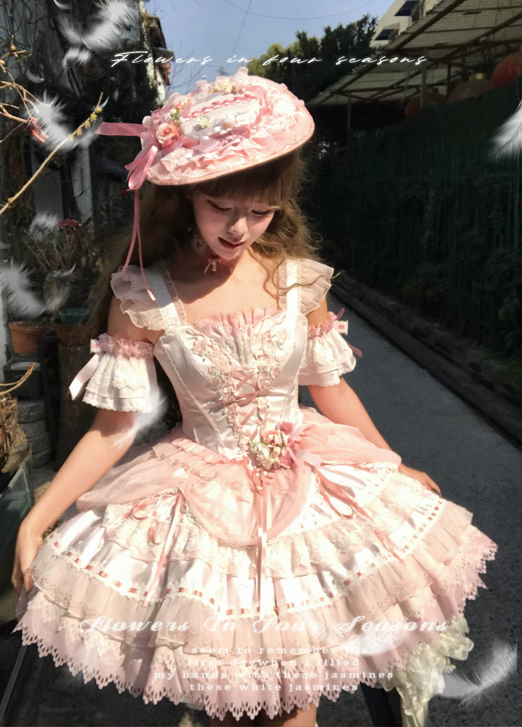 Yellow Blossom & Rose - Sweet Lolita Floral Embroidery JSK, Drawstring Lift-up Hem