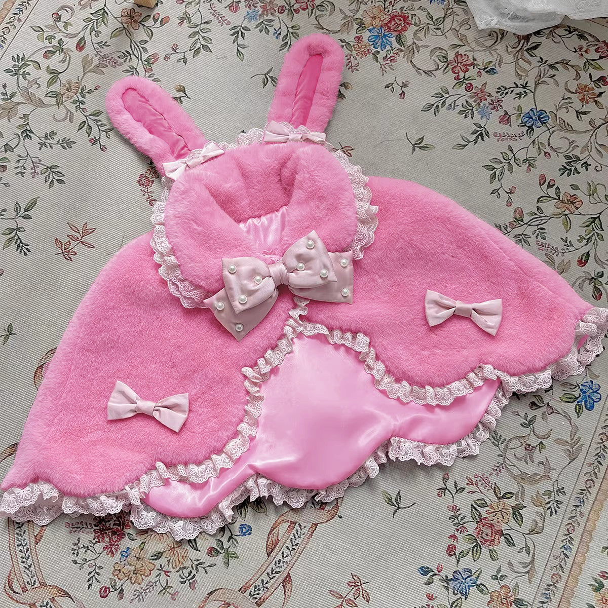 Letters from Unknown Star - Kawaii Lolita Cape Winter Lolita Shawl Daily One Size Strong pink cape + light pink bow