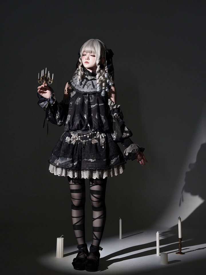 Sing a lullaby for you~Believer~IP Collab Gothic Lolita OP Dress Set Printed Hooded cape   