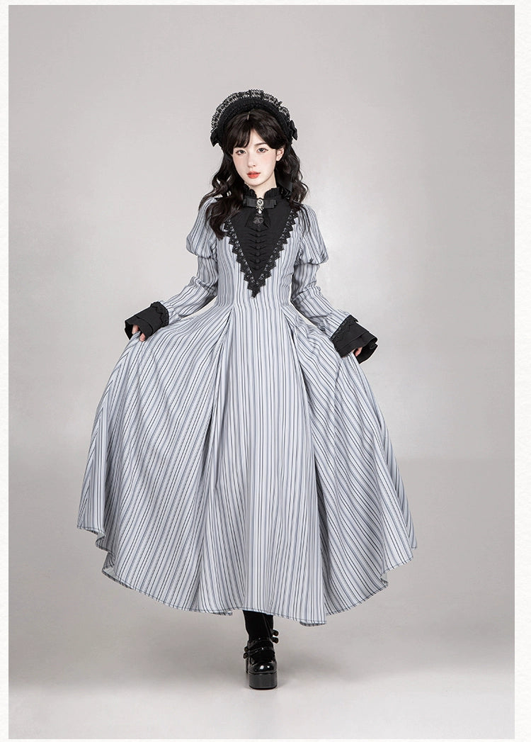 With PUJI~Nocturne SP~Striped Gothic Lolita OP Twin Lolita Dress with Apron