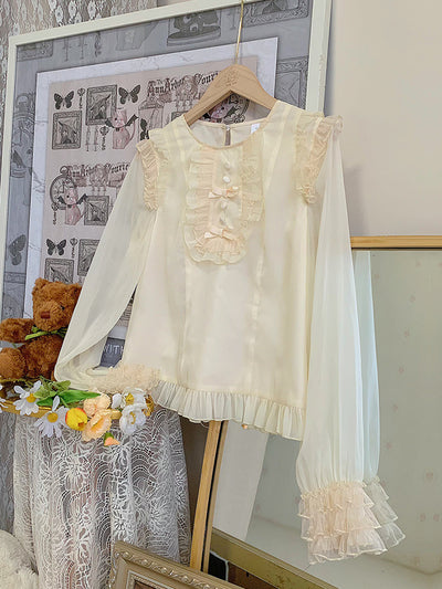 With Puji~White Gardenia~Summer Elegant Beige Lolita Chiffon Blouse ivory blouse S 