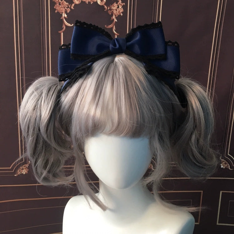 Qingyi Handmade~Sweet Lolita KC Multicolor Bow Lolita Headwear Navy blue with black lace  