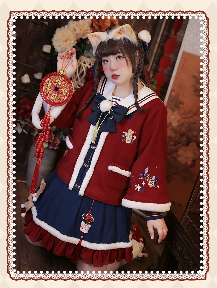 Hard Candy~Tiger~Plus Size Lolita Han Lolita Winter Dress Set XL red coat 