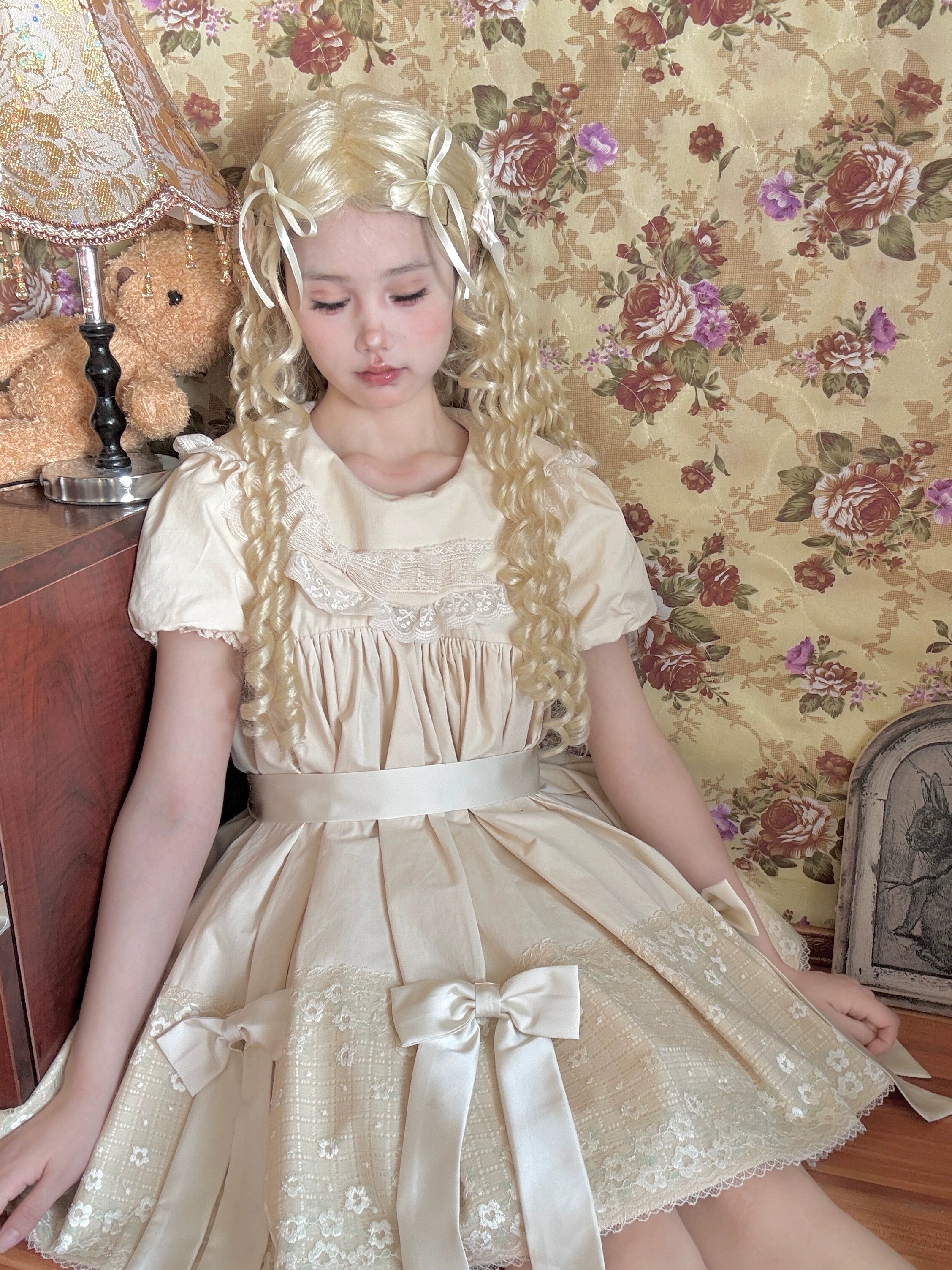 Fresh Tea Lolita - Meringue Frosting - Cotton Kawaii Lolita OP Dress with Satin Bow