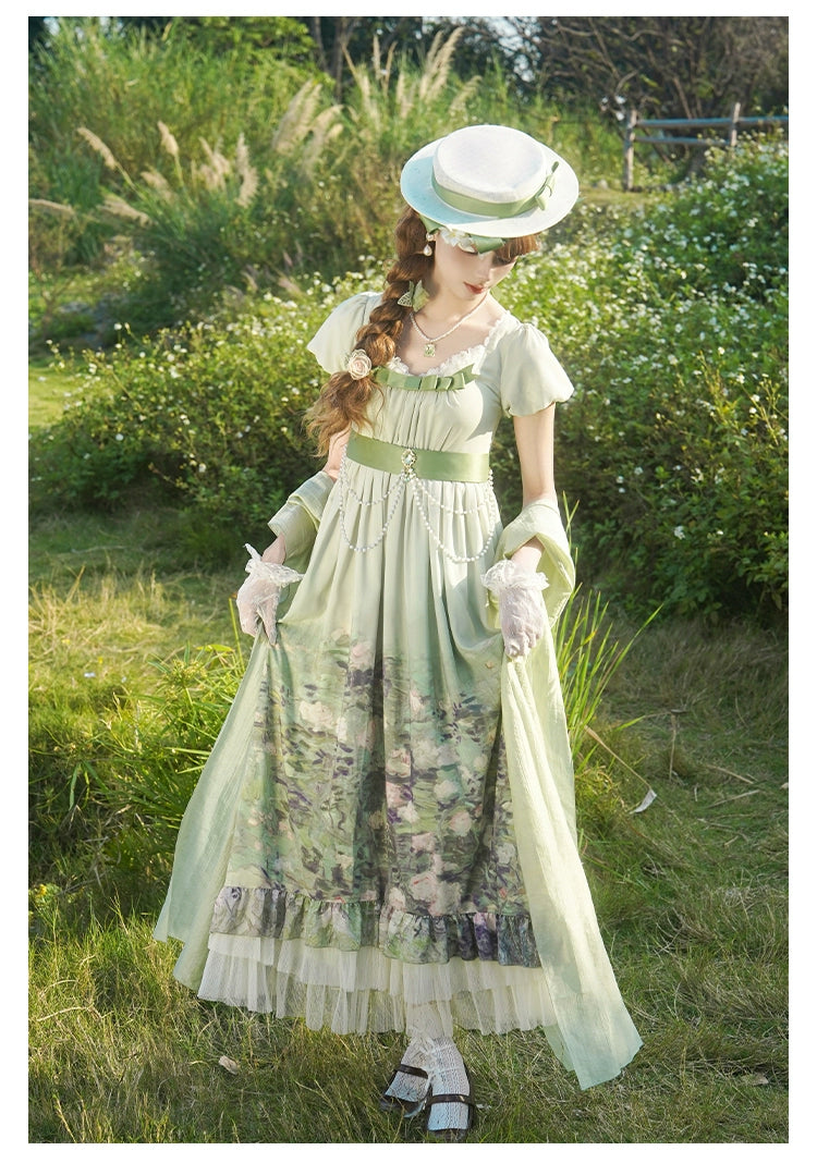With PUJI~Blooming Rose~Chiffon Classic Lolita Dress Set Painting Styled OP & JSK