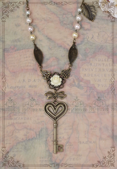 Rose of Sharon~Garden Key~Retro Lolita Necklace Long Pearl Sweater Chain   