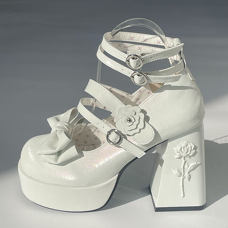 Dreamland - 11 cm Sweet Lolita Shoes with High Platform & Rose Print Heel Moon White 34