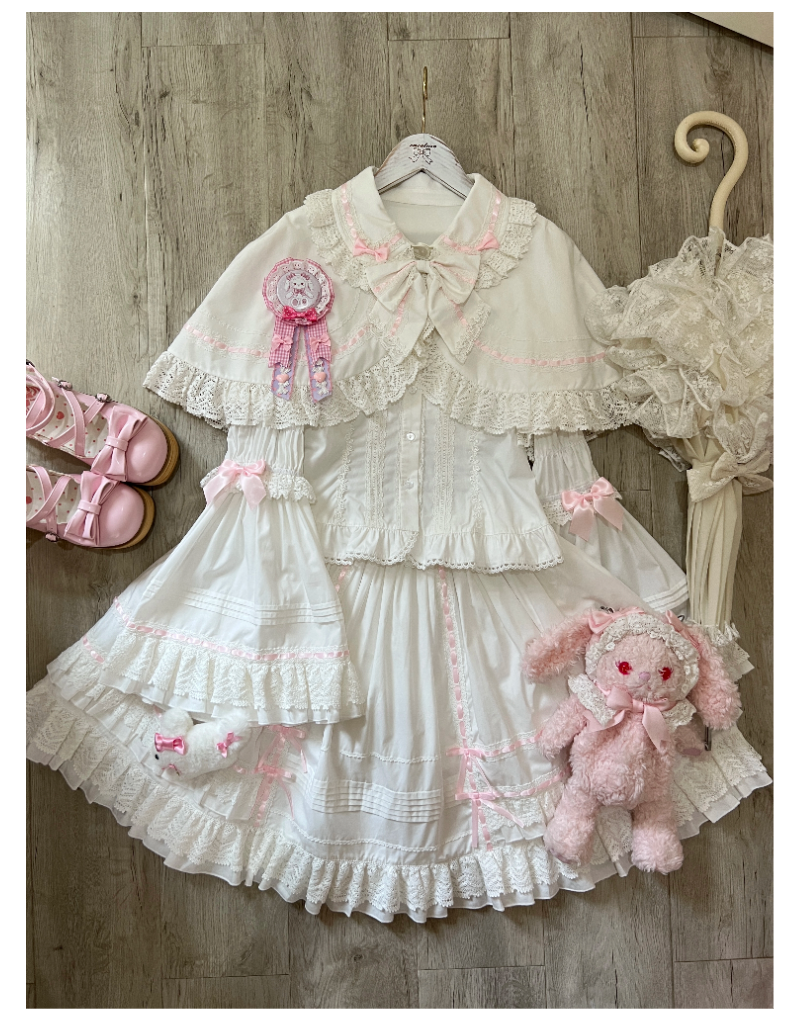 AerialCat~Praying Snowfall~Old School Lolita Skirt Suit Cape Princess Sleeve Shirt White + Pink Ribbon Shirt + Princess Sleeves - XS  