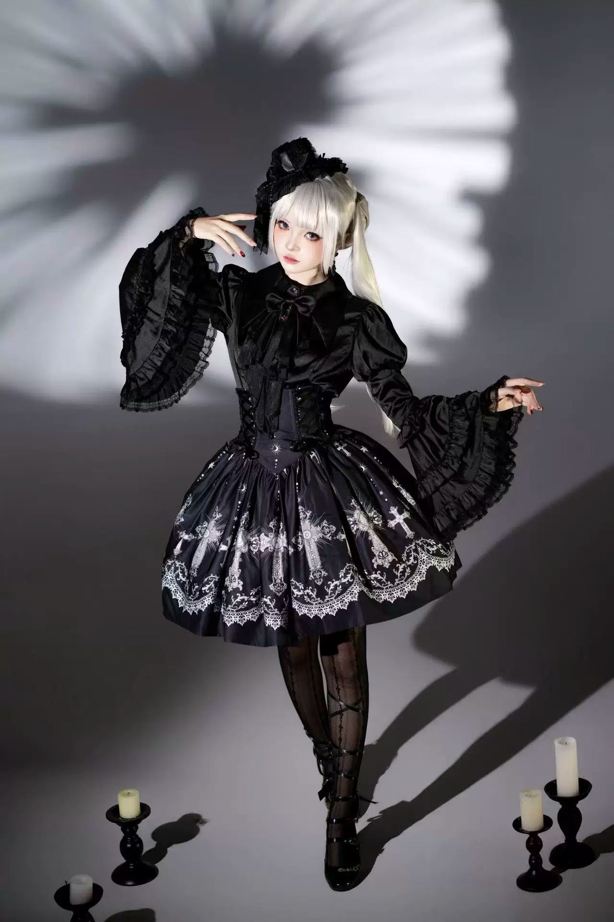 Star Remains Prayer - Elegant Gothic Lolita JSK & OP Dress Set, Cross & Moon Prints 46014:872464