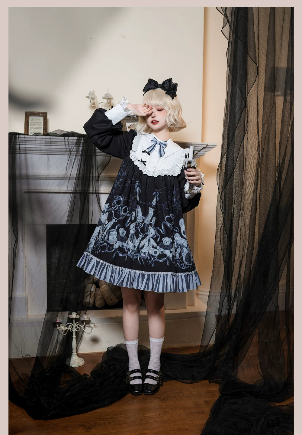 Bandage Bear - Gothic Lolita Long-Sleeve OP Dress, Teddy Bear Print 45908:867389