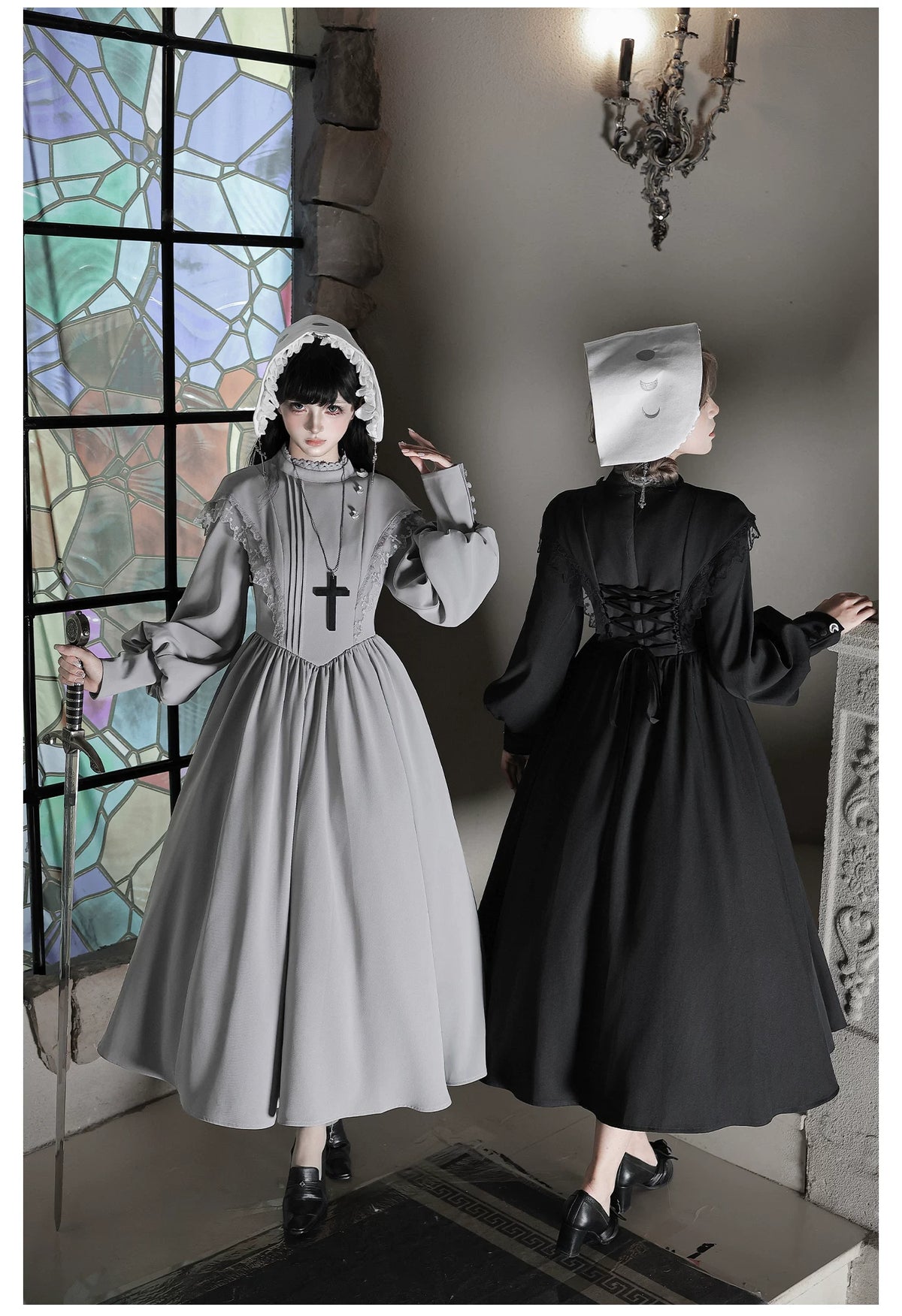 Moon Phase - Gothic Lolita OP Dress Set, Detachable Cross-Shaped Apron 46035:873417