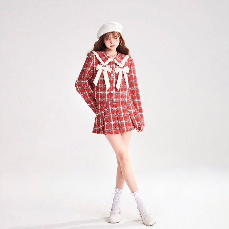 (BFM)11shop97~Red Plaid Full Set Coat and A-line Pleated Skirt   