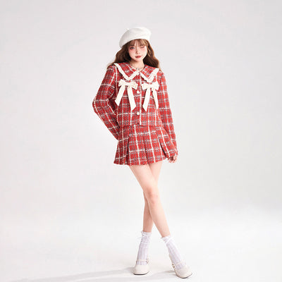 (BFM)11shop97~Red Plaid Full Set Coat and A-line Pleated Skirt S Coat only (In stock) 
