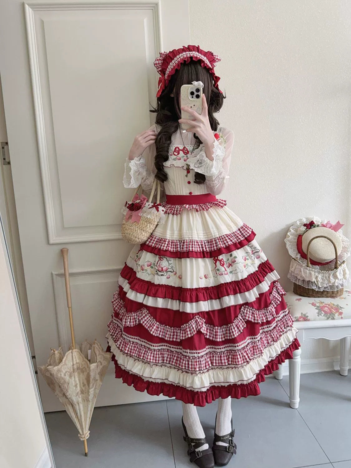 Hanguliang - Strawberry Basket - Country Lolita JSK Dress, Strawberry Embroidery 44283:802173