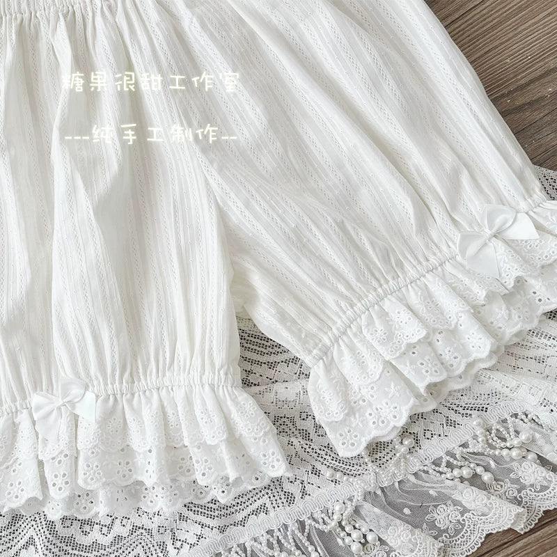 Elastic Waist Lolita Cotton Bloomers, Ruffled Leg Hem 45846:864735