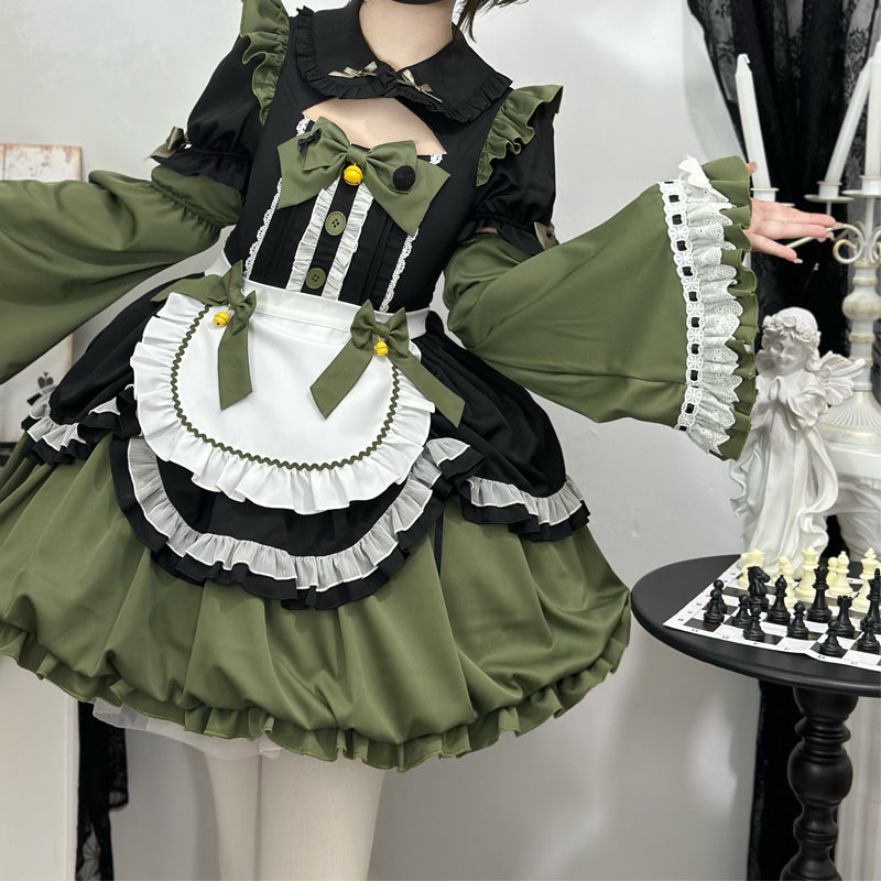Hanguliang~Cute Maid Lolita Dress Short Sleeve Floral OP Dress S Green (Dress + Apron + Cuffs) 