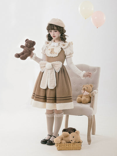 With PUJI~Urei's Dream~Kawaii Lolita Dress Velvet Bear Embroidery Winter JSK Dress   