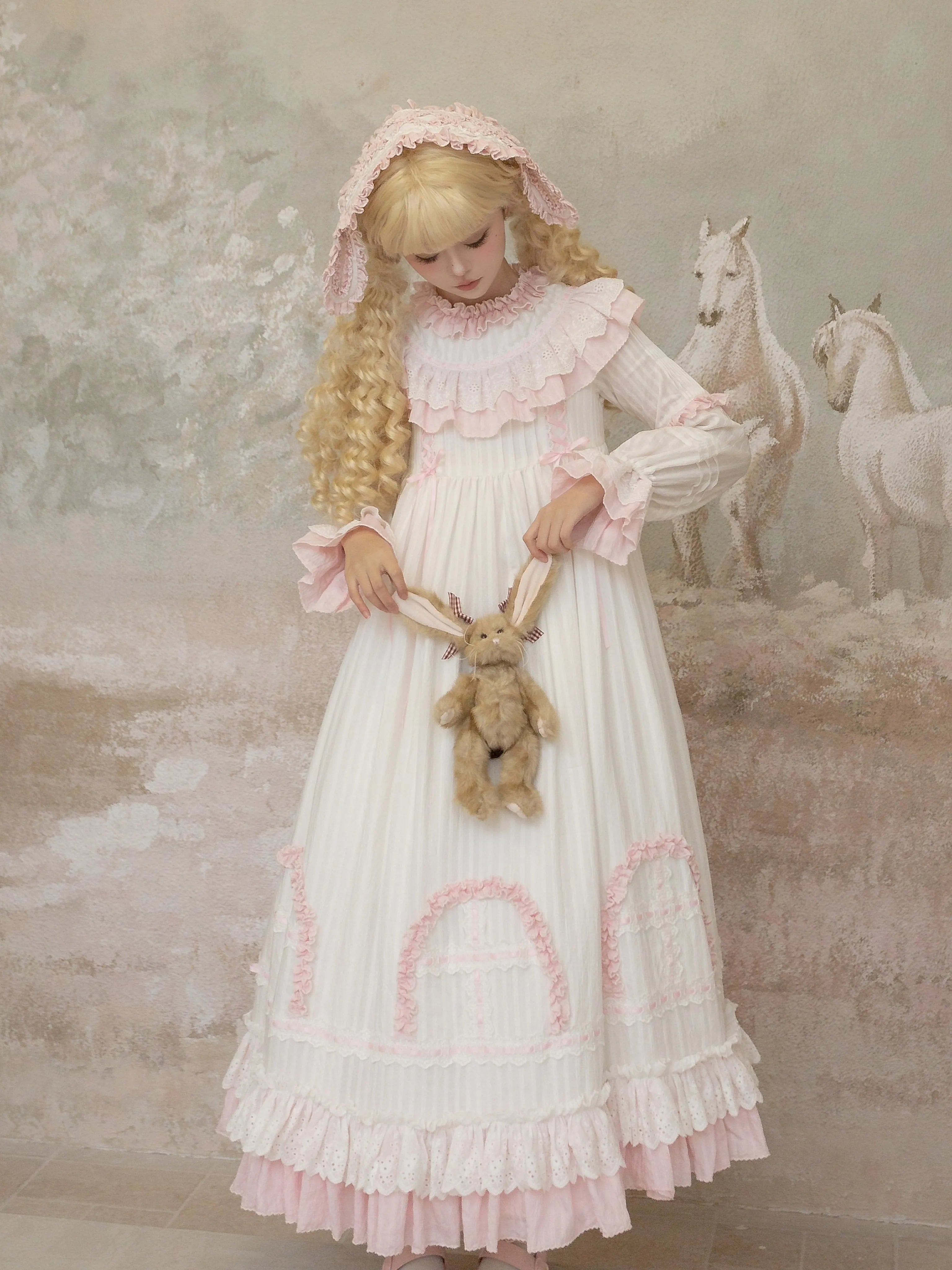 Lilian - Classic Lolita Doll-like Dress, Bunny Ear Hairband (Pink / L M S XS) 44881:825335