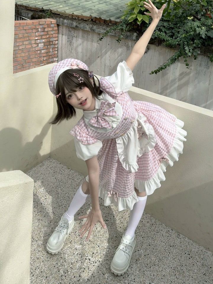 PuppetBombs~Sweet Lolita Dress Pink Plaid Jirai Kei Dress Short Sleeve   