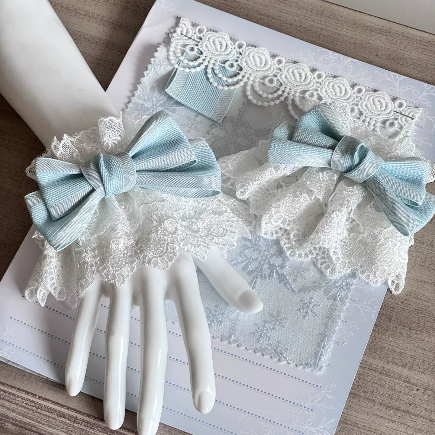 Wedding Sweet Lolita Accessories, Dramatic Bows Blue Cuffs (pair)