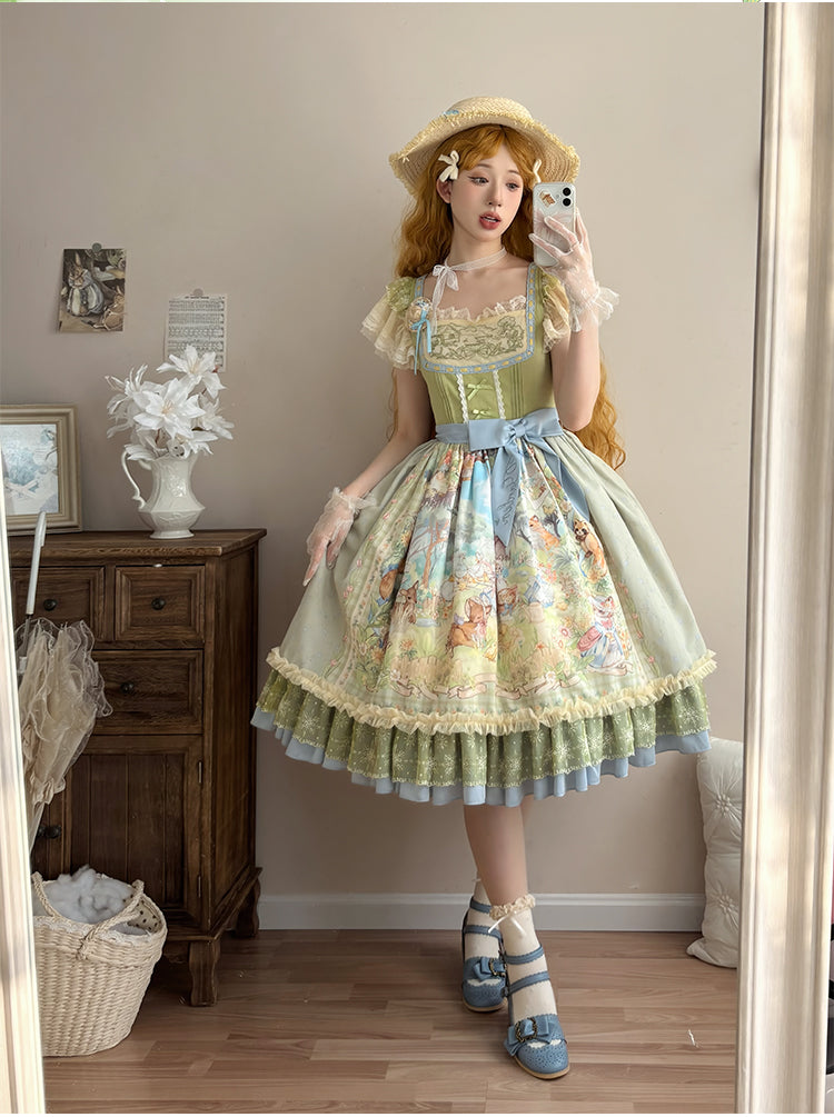 Strawberry Fantasia~Spring Bloom~Country Lolita JSK Set with Animal Prints and Overlay