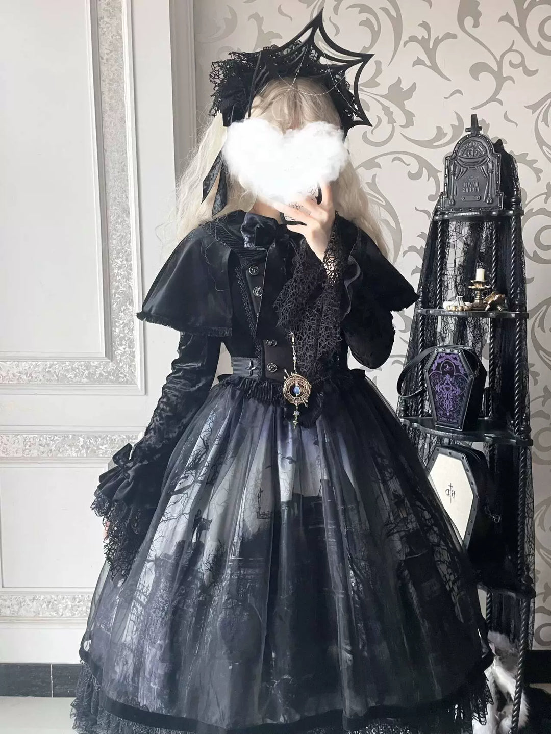 LilithHouse~Horror House~Gothic Lolita OP Set with Cape and Castle Print 42156:729048