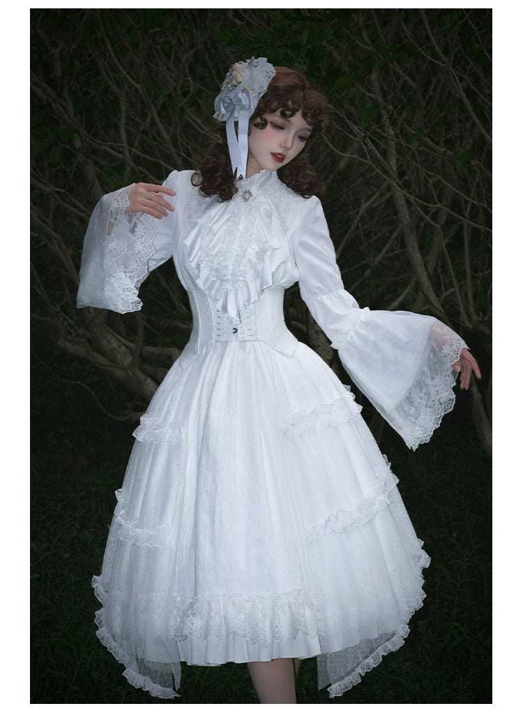 With PUJI~Anhunmeng~Gothic White Lolita OP With Boned Corset Waistband