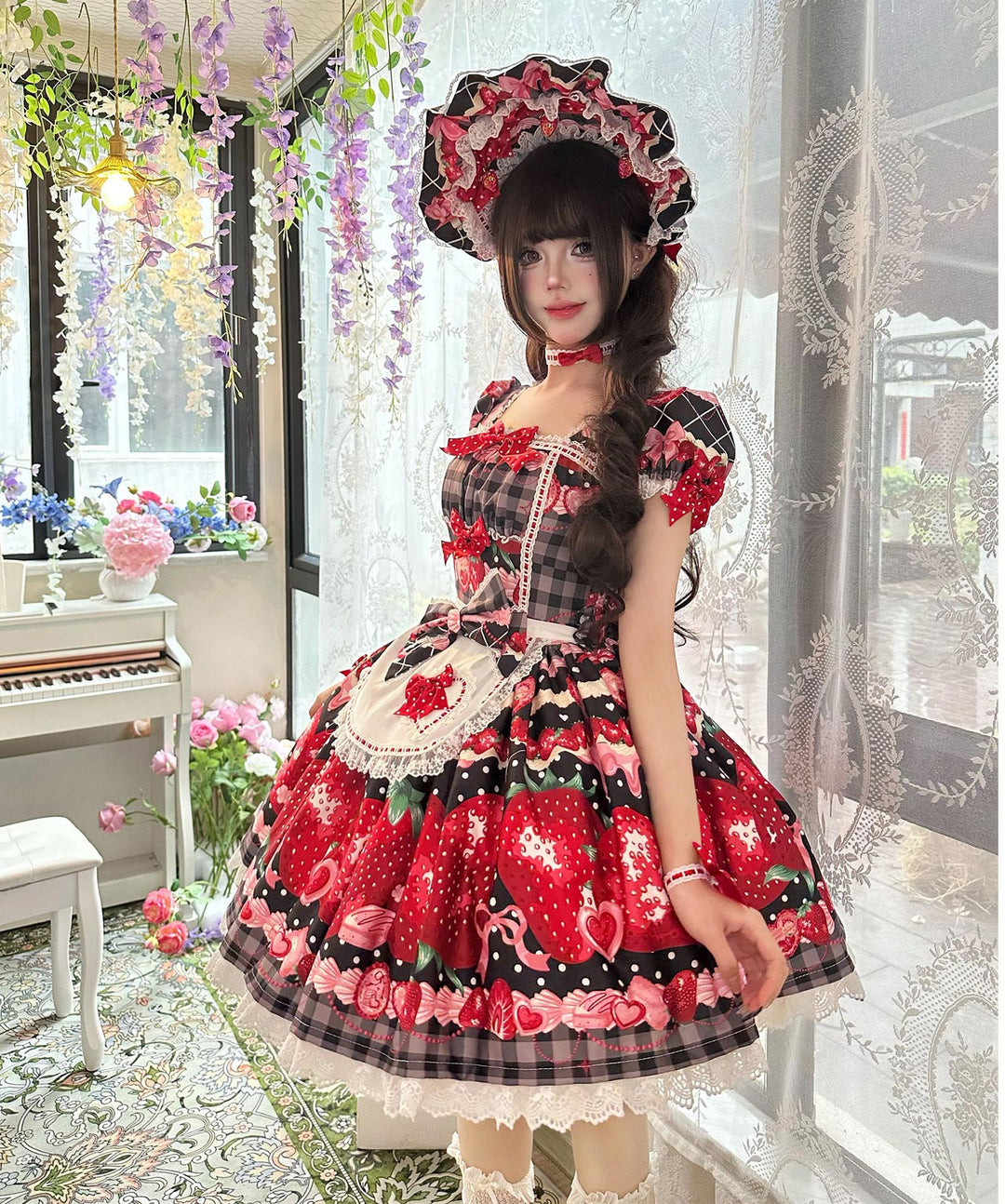 Mengfuzi~Strawberry~Sweet Lolita OP and JSK with Strawberry Print